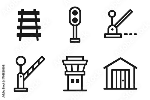 Railway silhouette icon set. featuring railroad, semaphore, barrier, control tower, and warehouse symbols