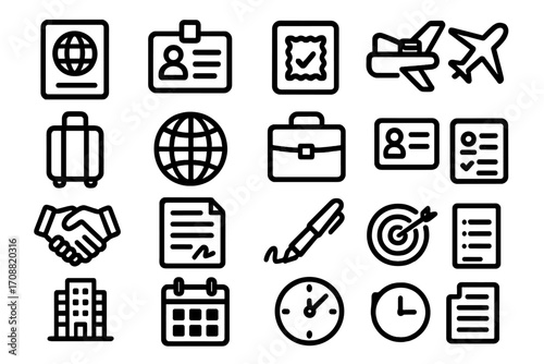 Business and travel linear icon set. featuring globe, id card, suitcase, airplane, handshake, and contract symbols