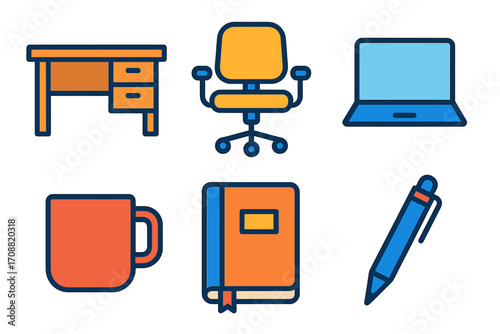 Office essentials flat icon set. featuring desk, chair, laptop, mug, notebook, and pen symbols