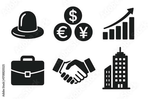 Business growth silhouette icon set. featuring hat, currency, growth, briefcase, handshake, and building icons
