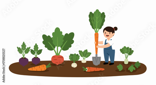 Cheerful Gardener Harvesting a Giant Carrot from Garden Soil