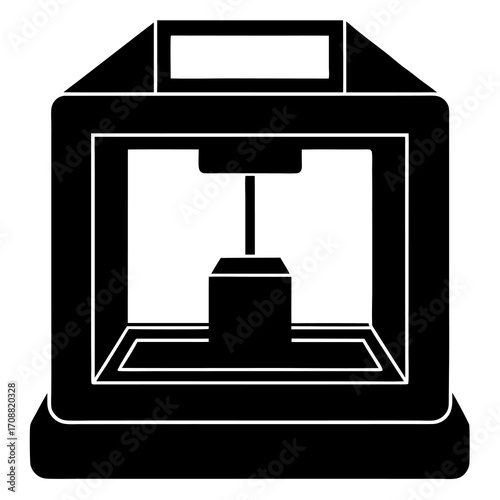 Black silhouette icon of a modern 3d printer with a nozzle and build platform