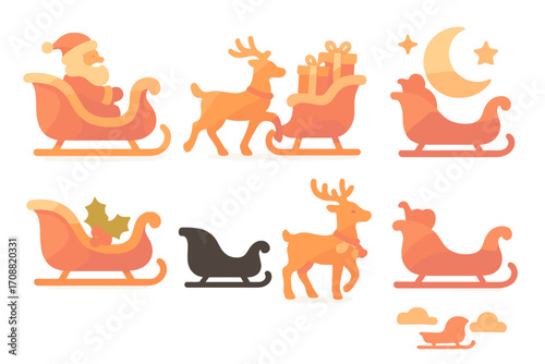 Christmas silhouette icon set. featuring santa, reindeer, sleigh, gifts, stars, moon, and holly