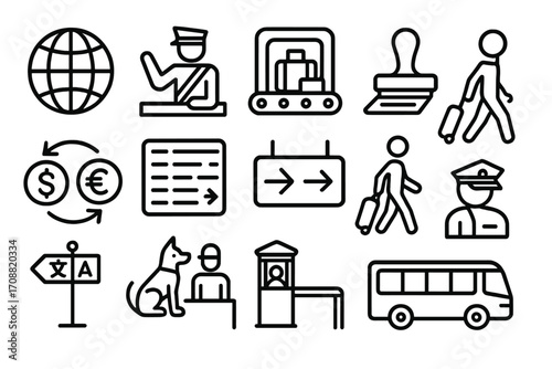 Travel and immigration linear icon set. featuring passport, airport, customs, luggage, and transportation symbols