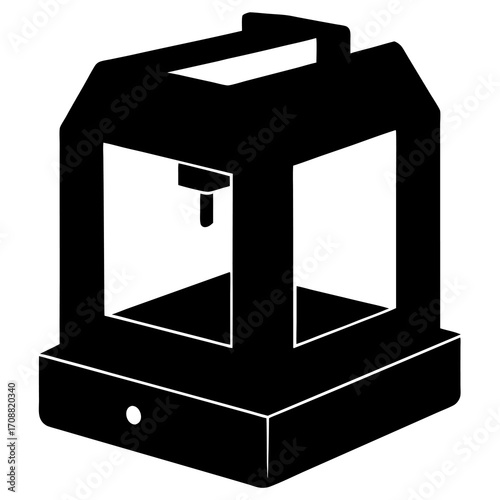 Black silhouette icon of a 3d printer with a nozzle and build platform