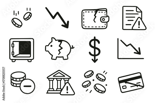 Finance linear icon set. featuring savings, wallet, piggy bank, credit card, dollar sign, and stock market symbols
