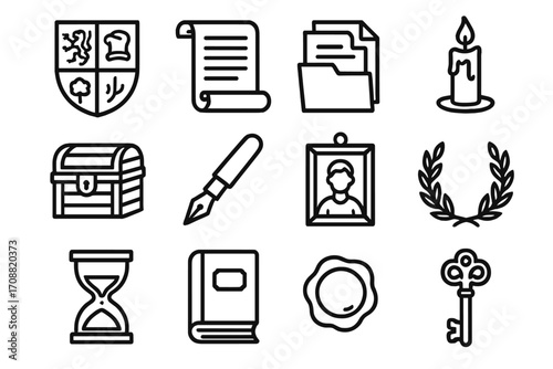 Medieval items linear icon set. featuring shield, scroll, folder, candle, chest, quill, portrait, laurel, hourglass, book, seal, key