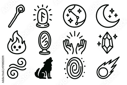 Mystical linear icon set. featuring wand, crystal ball, zodiac, moon, fire, mirror, magic hands, crystal, air, wolf, portal, comet
