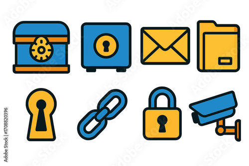 Security and privacy flat icon set. featuring safe, chest, envelope, folder, keyhole, chain, lock, camera symbols