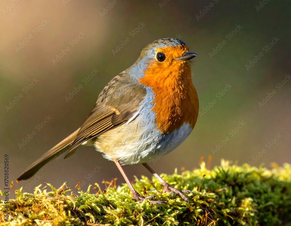 Fototapeta premium A Robin Perched on Mossy Terrain