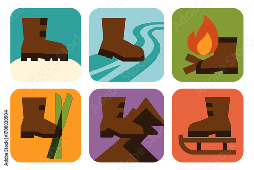 Winter activities silhouette icon set. featuring boots, ski, sled, hike, trail, snow, and campfire symbols