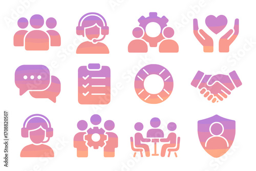 Teamwork and communication flat icons set. featuring chat, support, meeting, collaboration, and protection symbols