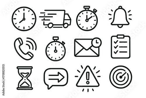 Business linear icon set. featuring clock, delivery, timer, bell, phone, email, checklist, hourglass, alert, target