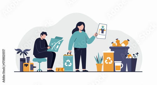 Illustration of People Recycling, Sorting Waste, and Environmental Awareness.