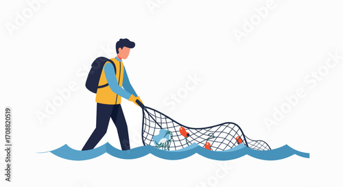Volunteer Cleaning Ocean with Net, Removing Trash and Pollution