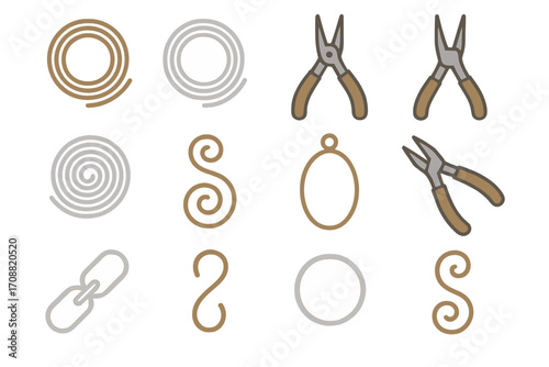 Diy tools silhouette icon set. featuring pliers, wire, coil, loop, and link symbols