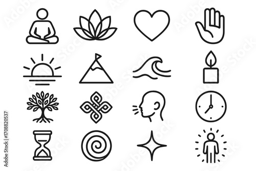 Spirituality linear icon set. featuring meditation, lotus, heart, hand, sun, mountain, wave, candle, tree