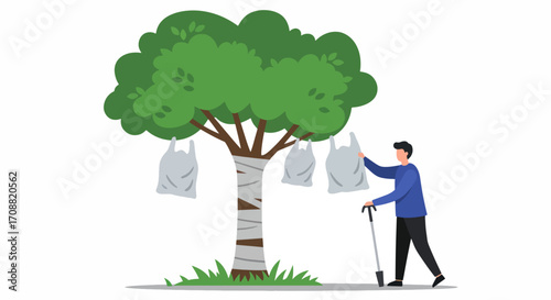 Tree with Plastic Bags, Environmental Cleanup Illustration
