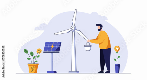Man Interacting with Wind Turbine, Representing Renewable Energy Concept