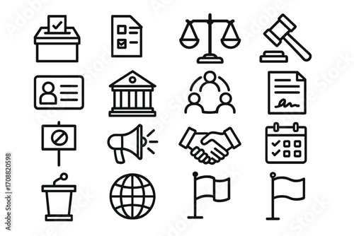 Government and law linear icon set. featuring voting, document, justice, gavel, id, courthouse, and handshake symbols