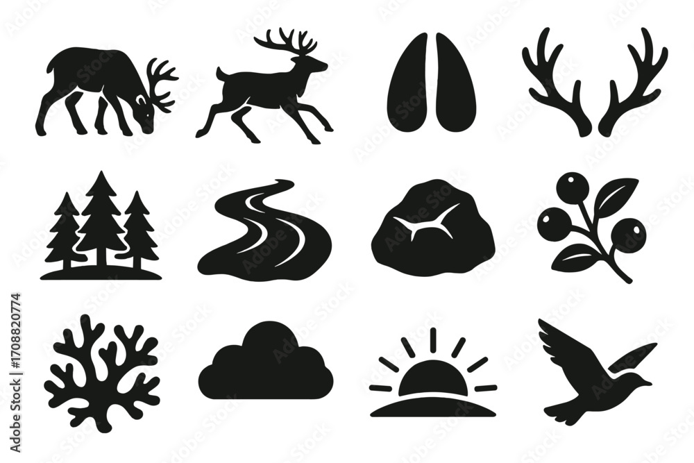 Obraz premium Nature and wildlife silhouette icon set. featuring moose, antlers, lungs, trees, river, mountains, berries, coral, cloud, sunset, bird