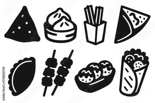 Street food silhouette icon set. featuring taco, dumplings, fries, shawarma, empanada, kebab, takoyaki, burrito