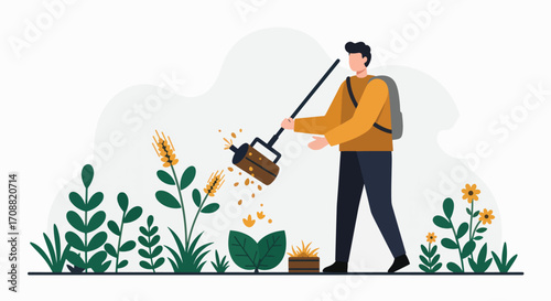 Vector Illustration of a Person Spraying Plants with a Sprayer
