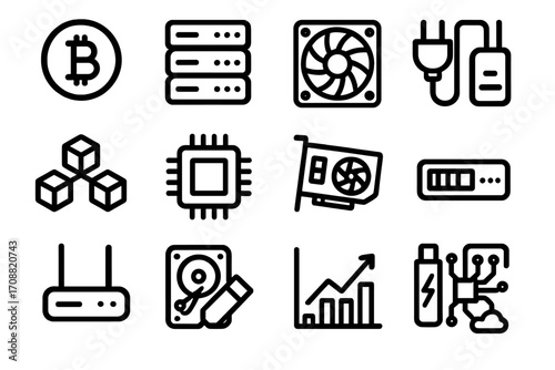 Technology linear icon set. featuring blockchain, cpu, gpu, hard drive, networking, and power supply symbols