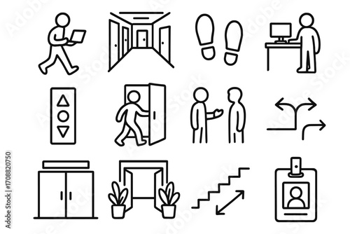 Office silhouette icon set. featuring laptop, hallway, footprints, desk, elevator, door, conversation, arrows, cabinets, stairs, badge