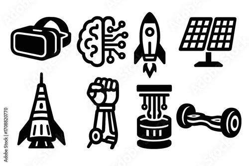 Technology silhouette icon set. featuring vr headset, ai, rocket, solar panel, prosthetic arm, and hoverboard