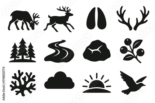 Nature and wildlife silhouette icon set. featuring moose, antlers, lungs, trees, river, mountains, berries, coral, cloud, sunset, bird