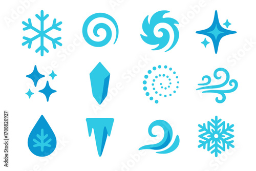 Magic elements silhouette icon set. featuring snowflake, swirl, star, crystal, wind, water drop, icicle, wave symbols