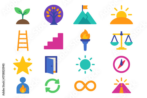 Motivation and success flat icon set. featuring growth, goal, sunrise, ladder, torch, balance, and infinity symbols