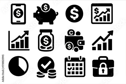 Finance silhouette icon set. featuring mobile payment, piggy bank, growth chart, savings jar, wallet, briefcase
