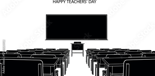Empty classroom with desks and blackboard, ready for learning or celebration