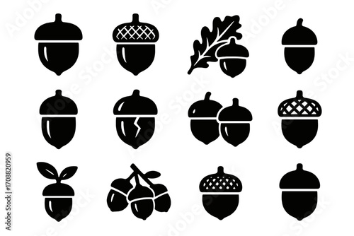 Nature silhouette icon set. featuring acorn, leaf, cracked acorn, sapling, and acorns cluster symbols