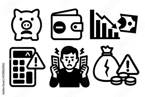 Finance issues silhouette icon set. featuring piggy bank, wallet, chart, calculator, debt, money symbols