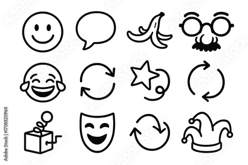 Emotion and humor silhouette icon set. featuring smiley, speech bubble, banana peel, glasses, laughing face