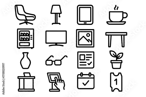 Home and office items linear icon set. featuring chair, lamp, tablet, coffee, table, vending, tv, picture, plant, vase