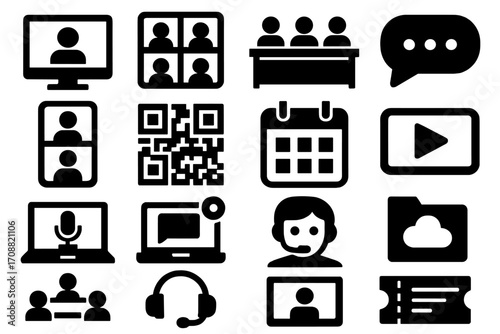 Communication silhouette icon set. featuring video call, meeting, chat, calendar, qr code, and support symbols