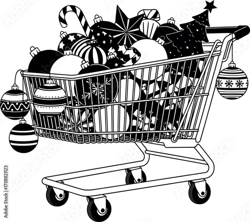 Shopping cart overflowing with festive Christmas ornaments and decorations