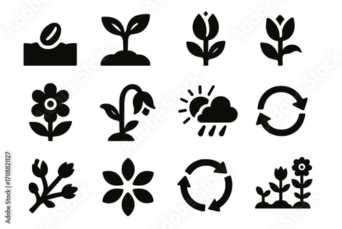 Gardening and growth silhouette icon set. featuring seedling, flower, rain, wilt, and cycle symbols