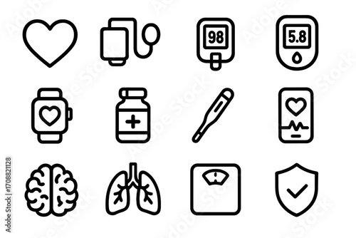 Healthcare and medical linear icons set. featuring heart, blood pressure, glucose meter, smartwatch, and more