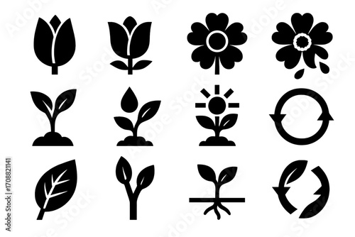 Gardening and nature silhouette icon set. featuring flower, leaf, seedling, sun, and recycle symbols