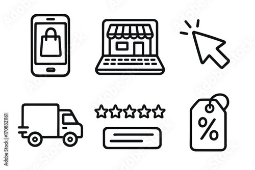 E-commerce linear icon set. featuring mobile shopping, online store, cursor click, delivery, rating, discount tag
