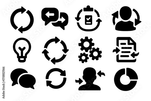 Productivity silhouette icon set. featuring refresh, communication, checklist, user, ideas, process symbols