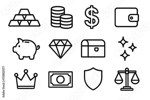 Finance linear icon set. featuring gold bars, coins, dollar sign, wallet, piggy bank, diamond, treasure chest, stars, crown, banknote, shield, scales