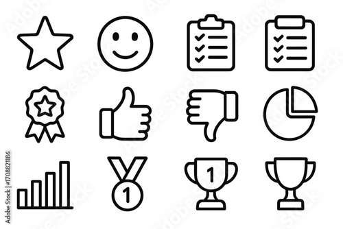 Business success linear icon set. featuring star, smiley, checklist, award, thumbs up, thumbs down, chart
