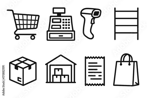 E-commerce and retail linear icon set. featuring shopping cart, cash register, barcode scanner, shelf, box, warehouse, receipt, and bag