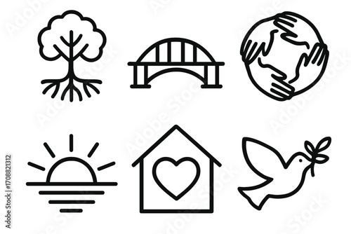 Peace and environment linear icon set. featuring tree, bridge, unity, sunset, house, and dove symbols